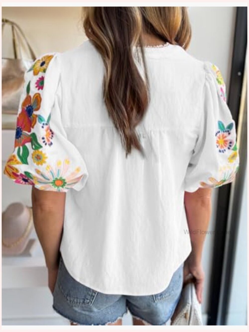 V Neck Boho Short Puff Sleeve Embroidered Blouse Tunic Summer Top - Picture 3 of 3